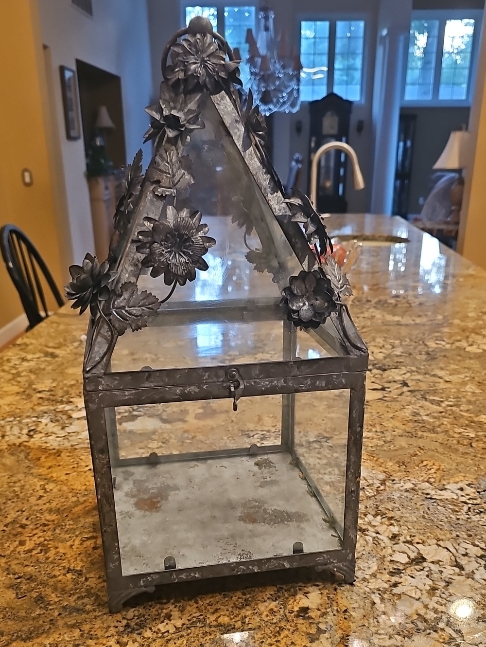 Large Decorative Metal and Glass Rose Terrarium Lantern -Silver 19"L X 9"W